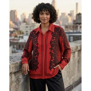 Y2K Piano Size-2XL Women's Blouse Silk‎ Floral Red